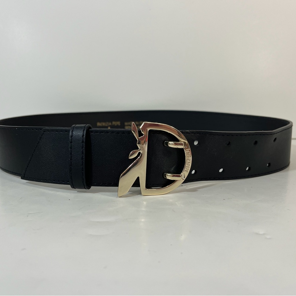 Patrizia Pepe Black Calf Leather Silver Logo Buckle 1.5 Inch Wide Belt Size S